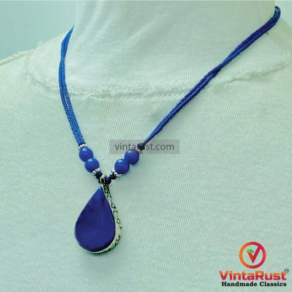 Lapis Lazuli Tear Drop Pendant Necklace: Beaded Gemstone Jewelry - Picture 6 of 11